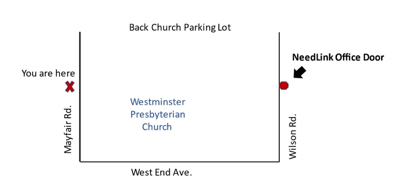 Map showing where the NeedLink entrance is on the Wilson Road side of the building
